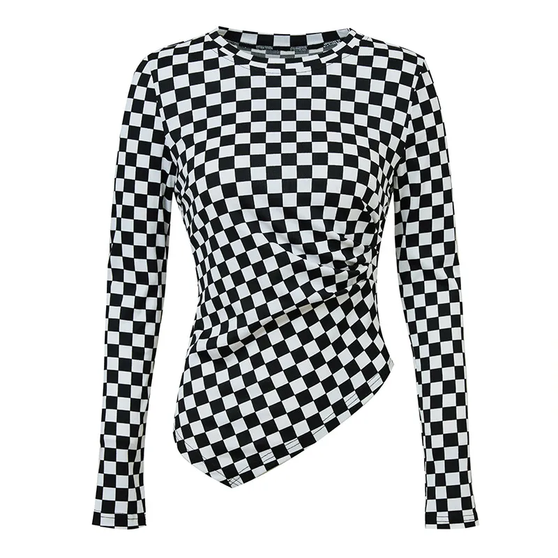 Women's T-Shirts Checkered Print Asymmetrical Hem Long Sleeve Tee