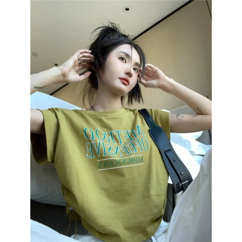 Women's T-Shirts Gray Round Neck Print Lycra Letter Short Sleeve Tee