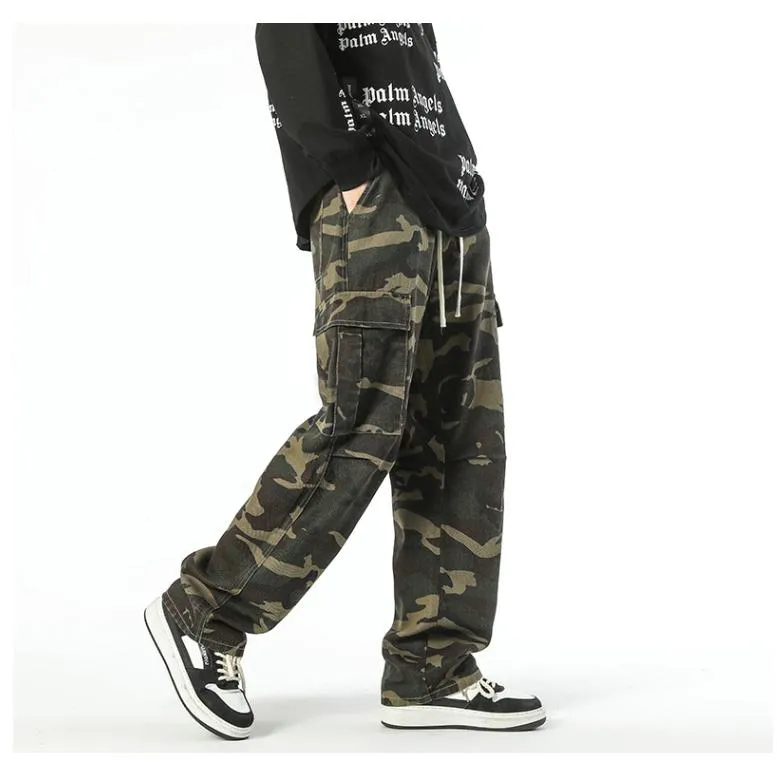 Workwear Style Camouflage Drawstring Straight Straight Leg Pants