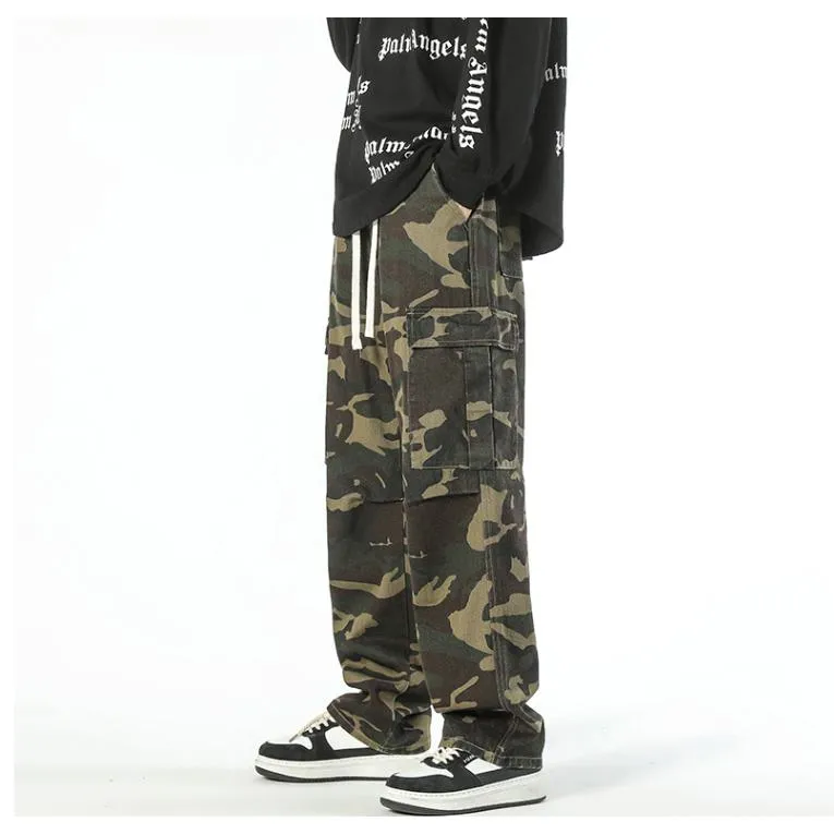 Workwear Style Camouflage Drawstring Straight Straight Leg Pants