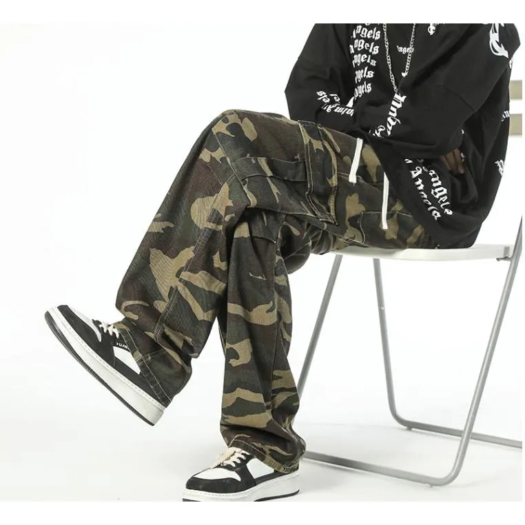 Workwear Style Camouflage Drawstring Straight Straight Leg Pants