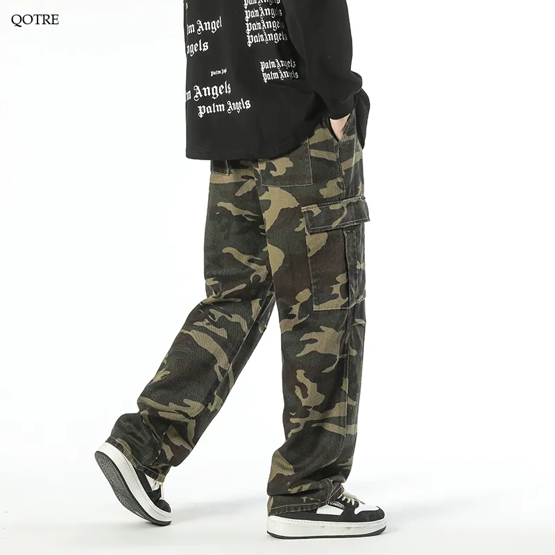 Workwear Style Camouflage Drawstring Straight Straight Leg Pants