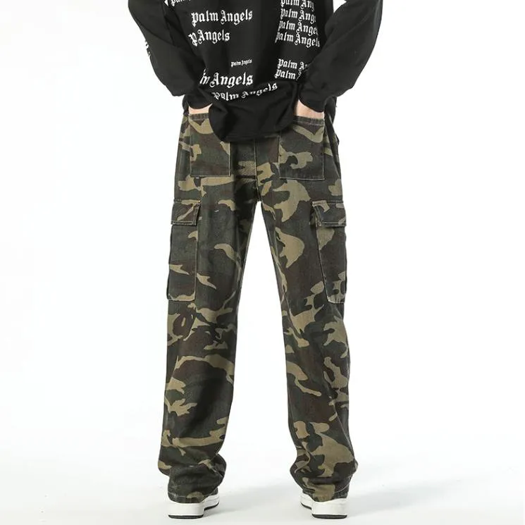 Workwear Style Camouflage Drawstring Straight Straight Leg Pants