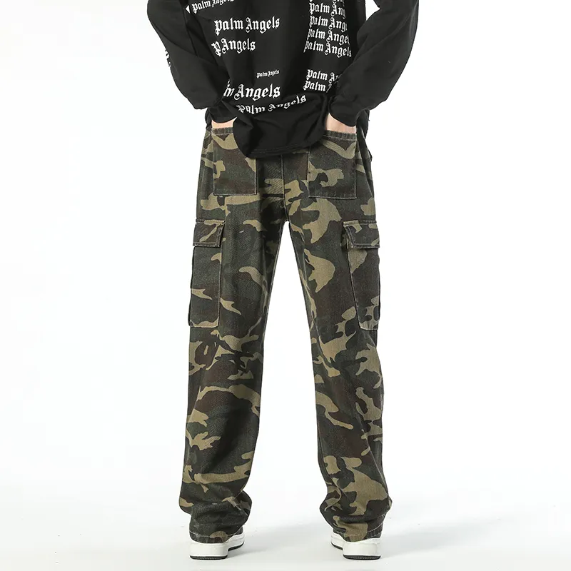 Workwear Style Camouflage Drawstring Straight Straight Leg Pants