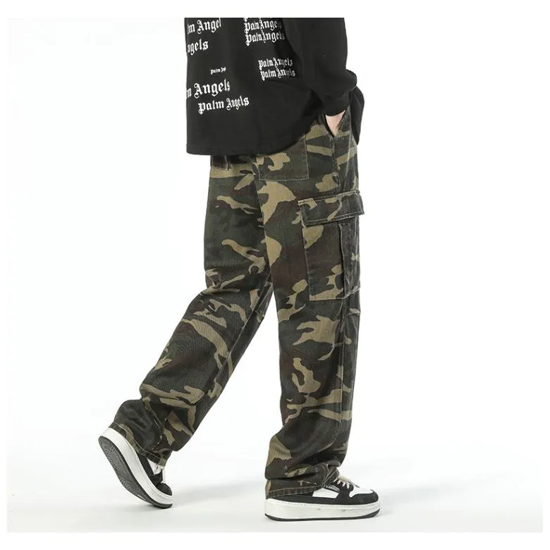 Workwear Style Camouflage Drawstring Straight Straight Leg Pants