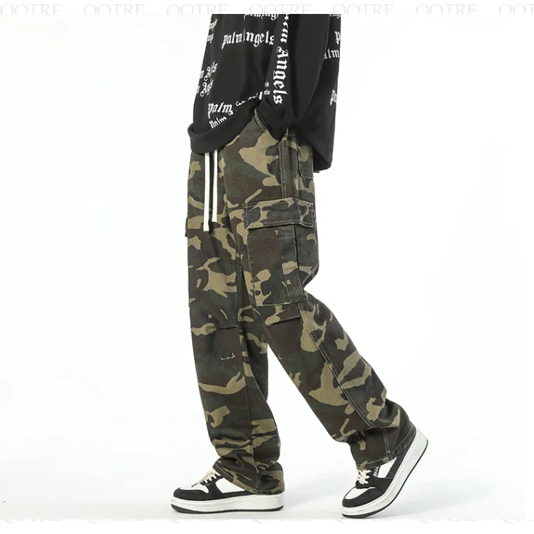 Workwear Style Camouflage Drawstring Straight Straight Leg Pants