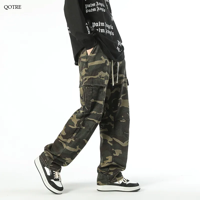 Workwear Style Camouflage Drawstring Straight Straight Leg Pants