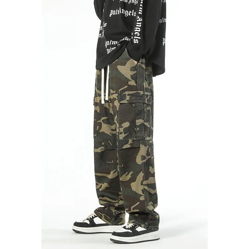 Workwear Style Camouflage Drawstring Straight Straight Leg Pants